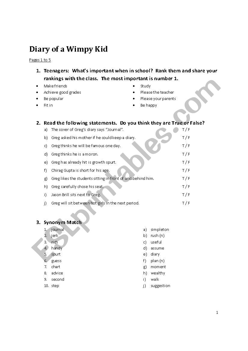 Diary of a Wimpy Kid - Worksheet for pages 1 - 5