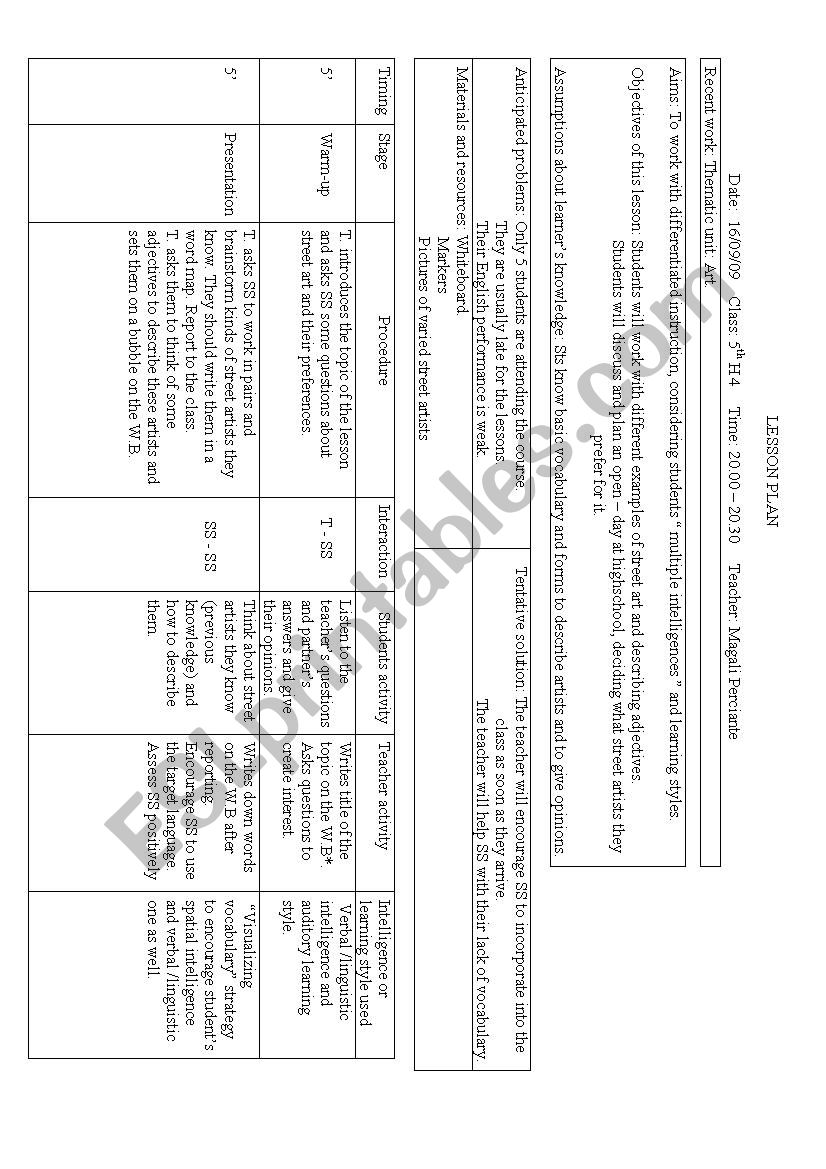 lesson plan about Art worksheet