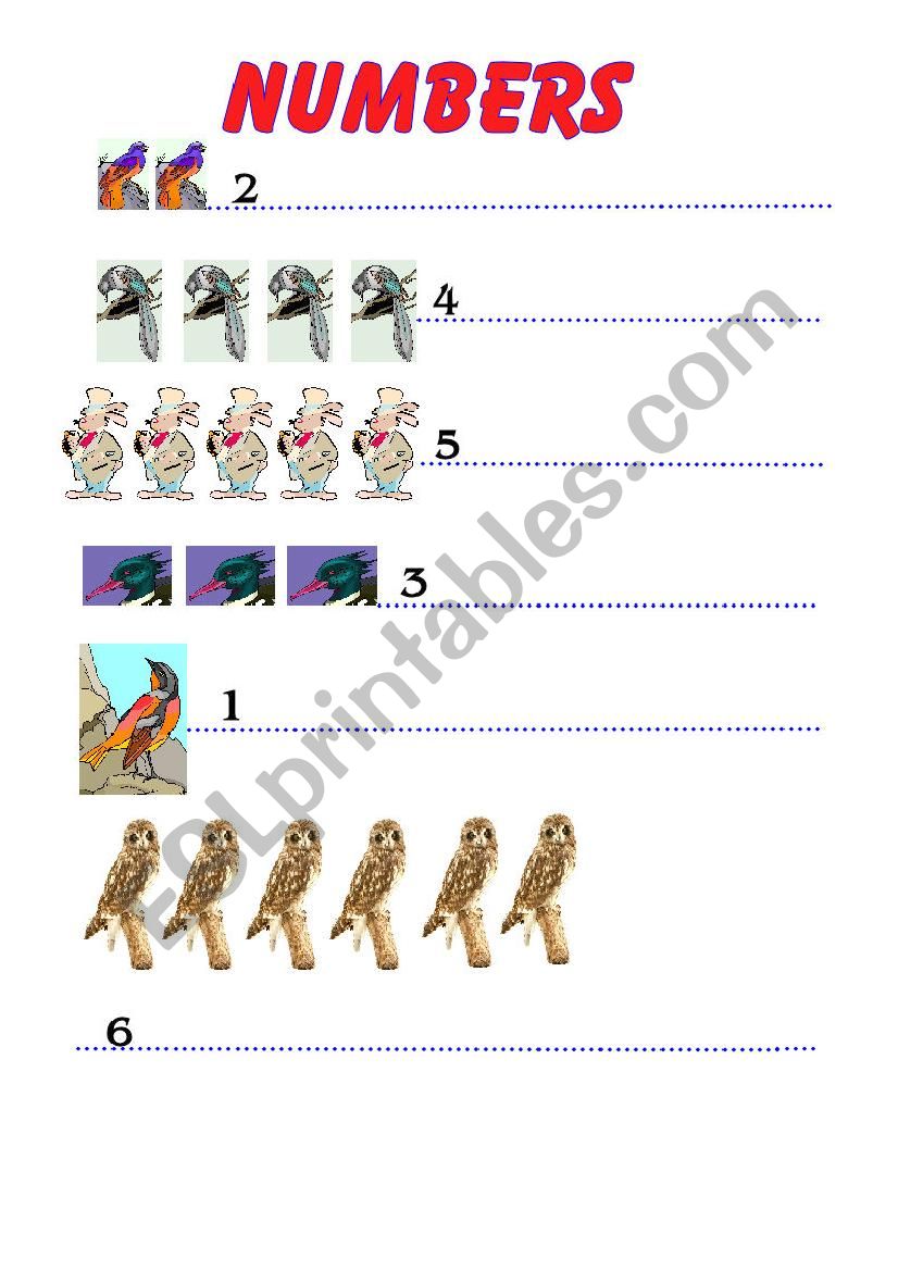 Numbers  1 to 6 worksheet