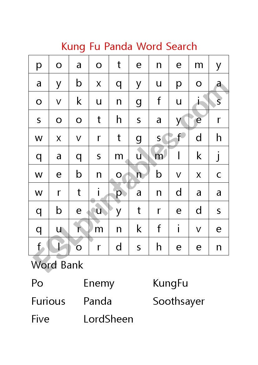 Kung Fu Panda Word Search worksheet