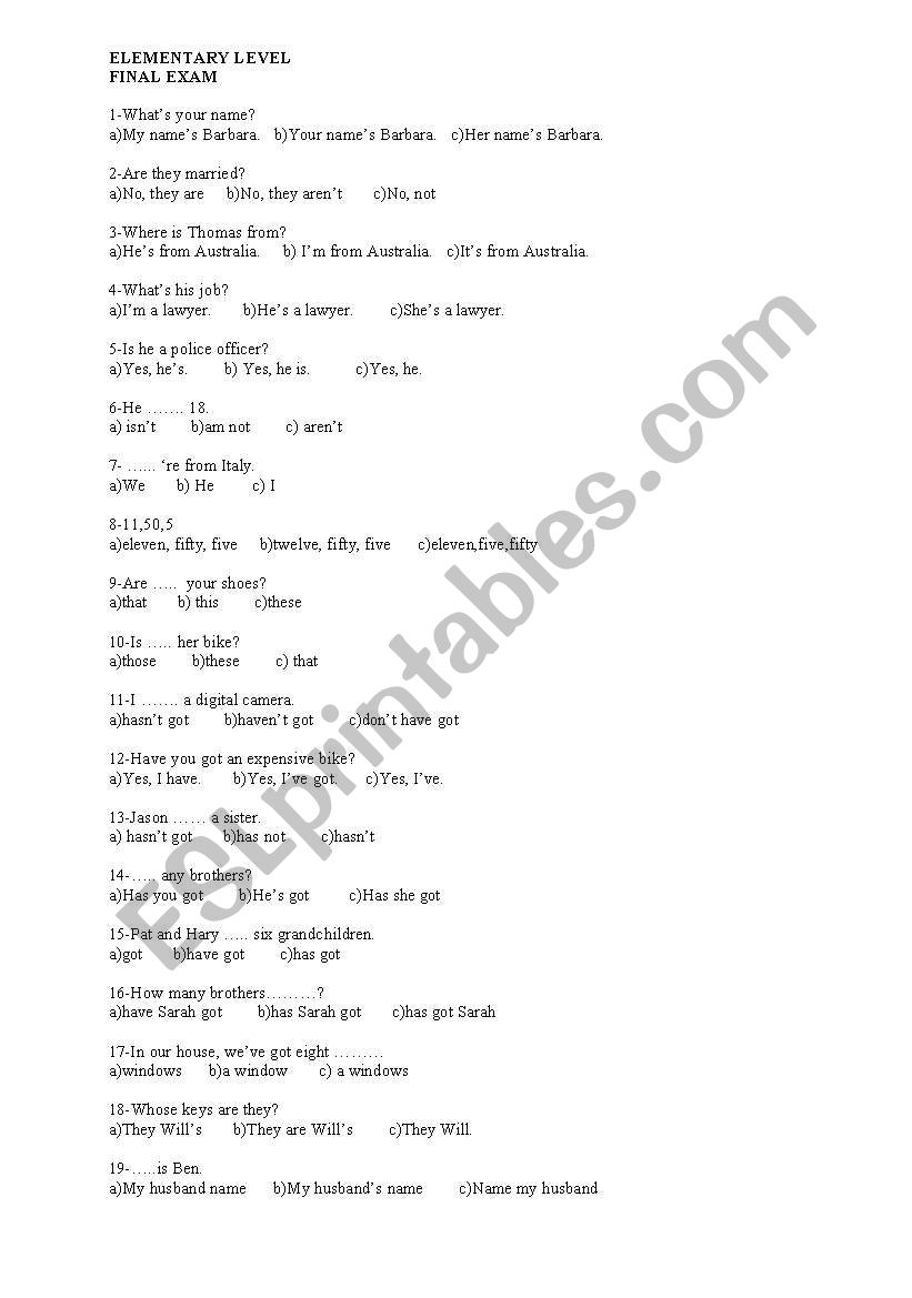 elementary level final exam (A1)