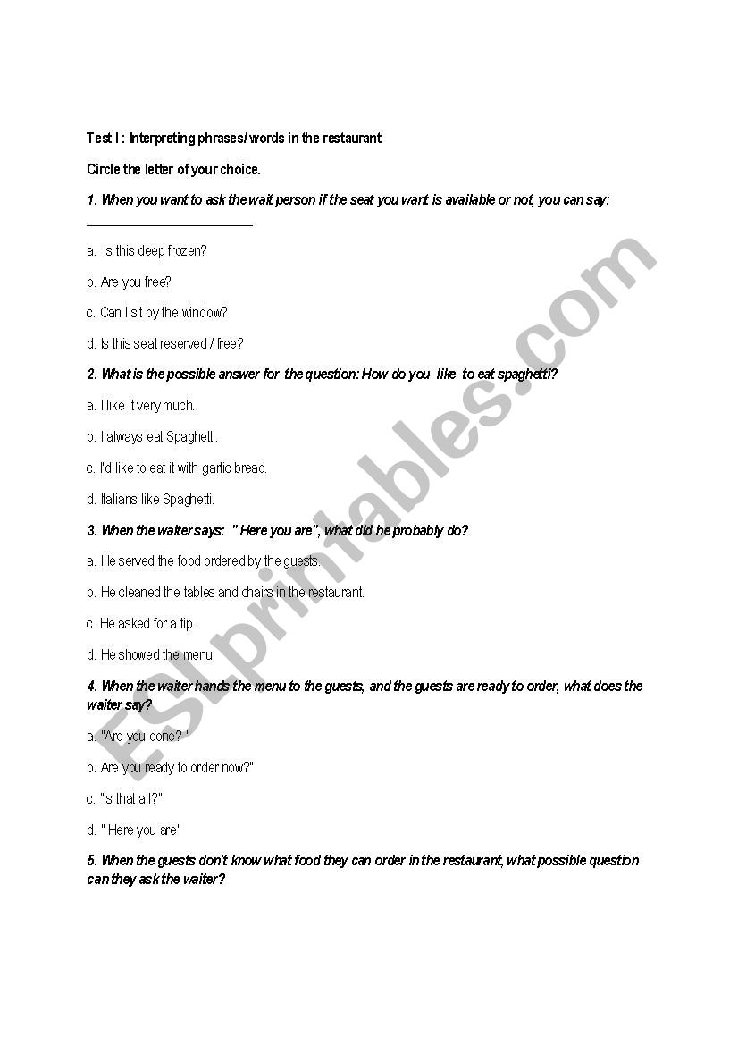 Restaurant Dialogues worksheet