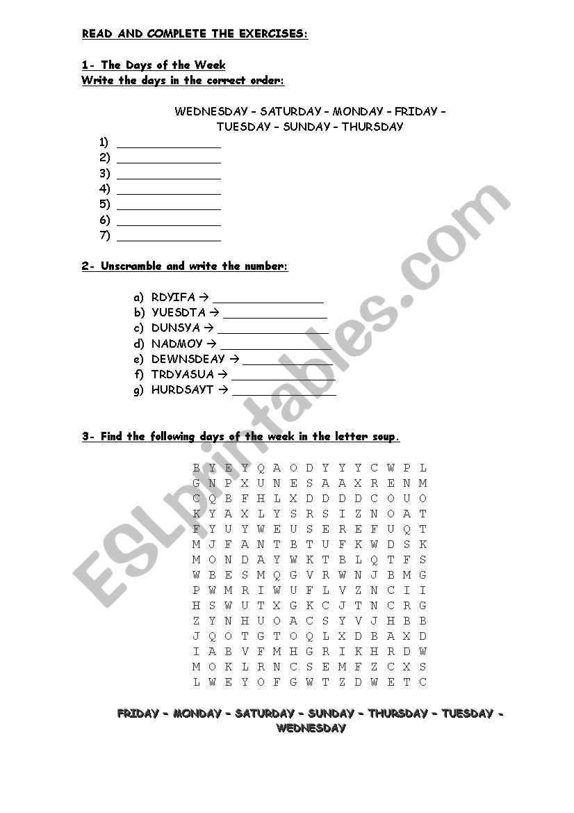 Days of the week - elementary worksheet