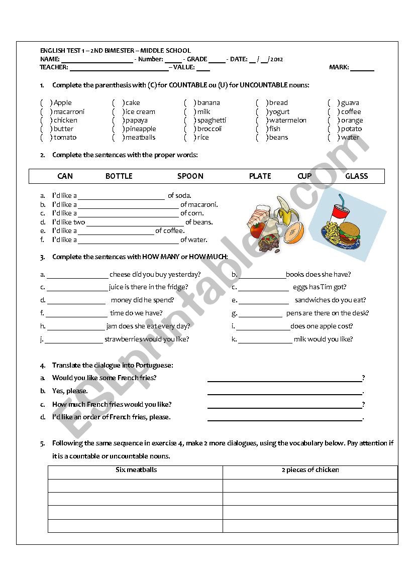 MIDDLE SCHOOL TEST ON COUNTABLE AND UNCOUNTABLES NOUNS