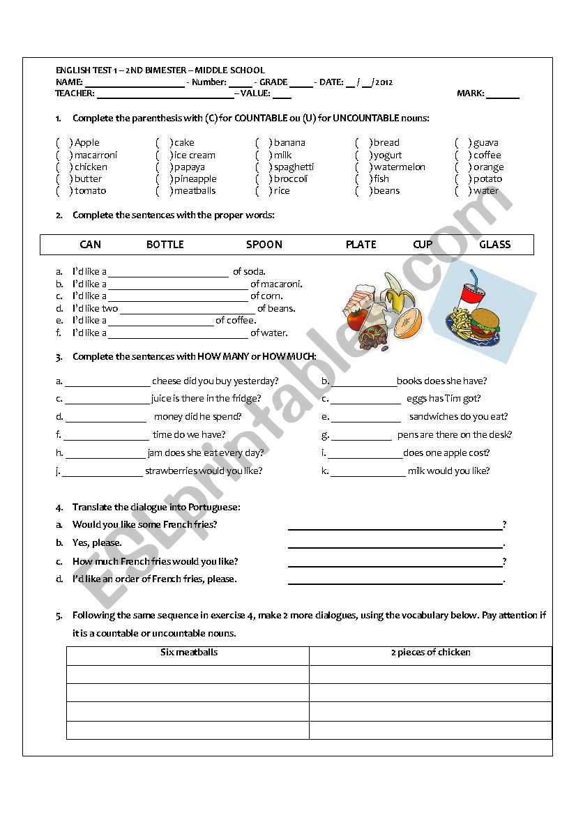 MIDDLE SCHOOL TEST ON COUNTABLE AND UNCOUNTABLES NOUNS ESL Worksheet By Deborica