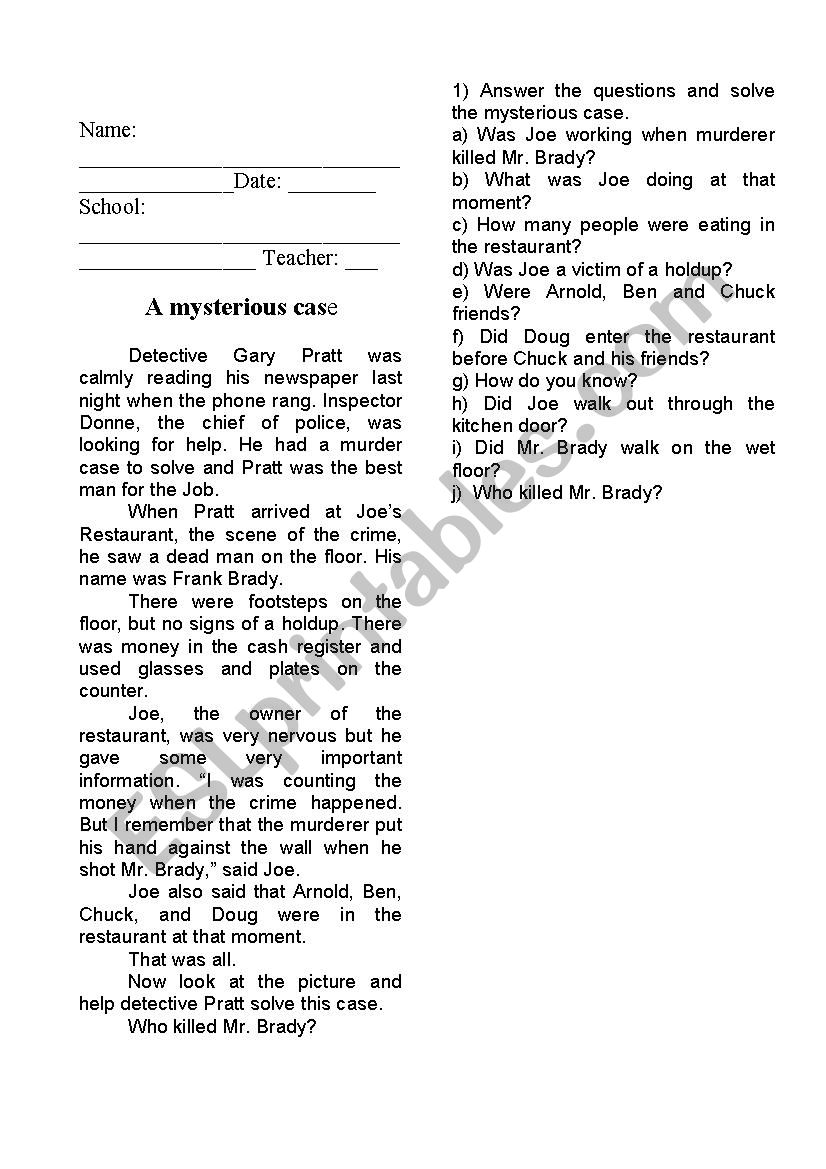 A mysterious case worksheet
