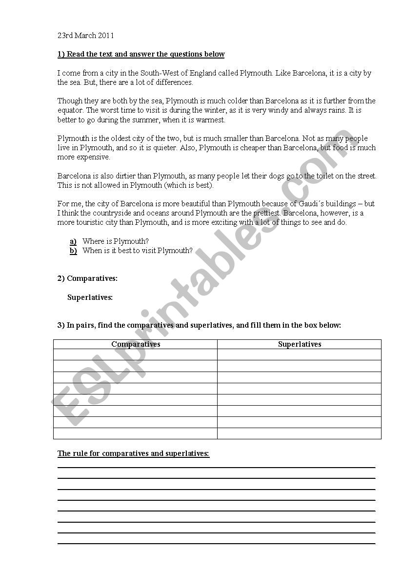 Comparative and Superlative practice - Barcelona vs Plymouth text