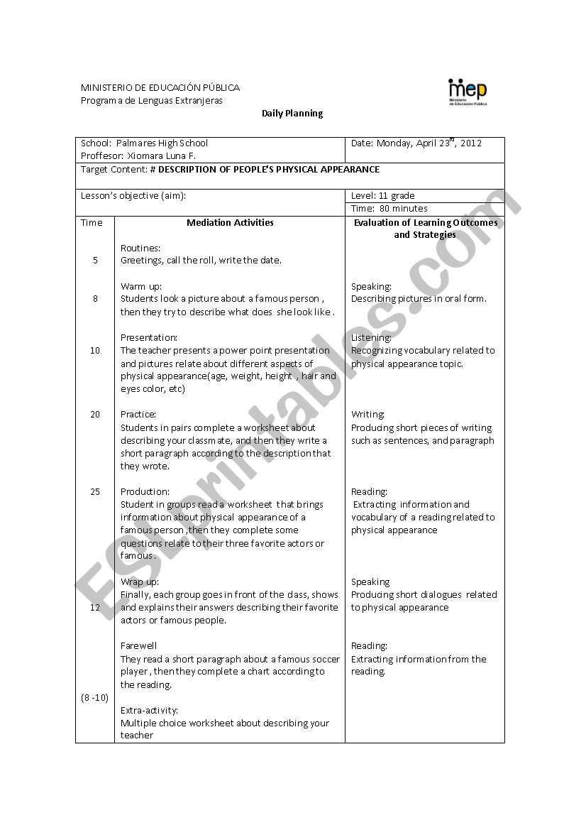 lesson plan physical appearance