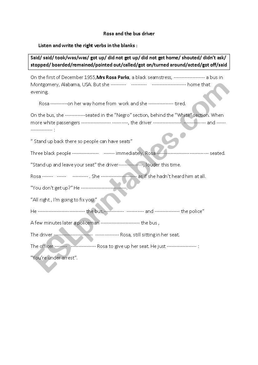 Rosa and the bus driver worksheet