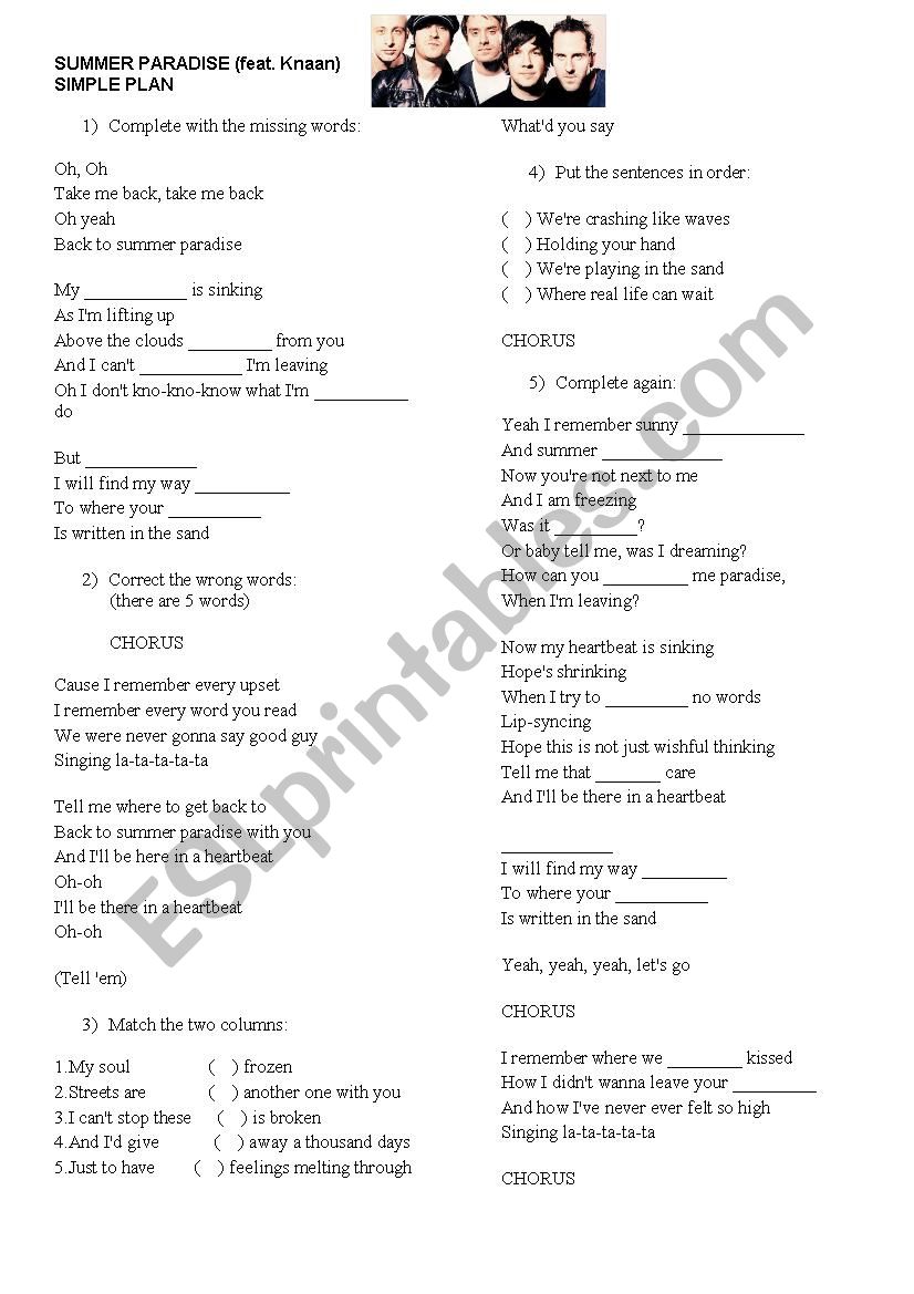 Simple Plan - Summer Paradise worksheet