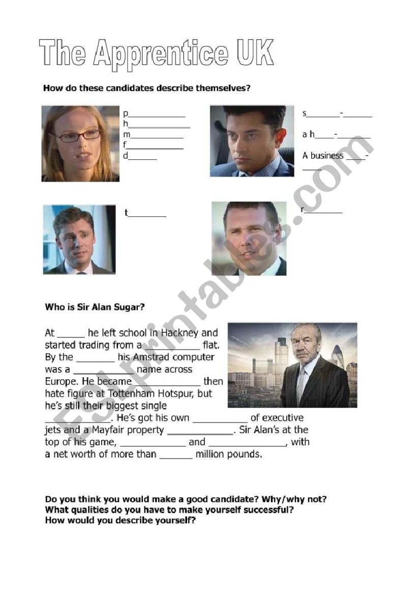 The Apprentice UK worksheets (Season 2 Episode 1) 1 of 2