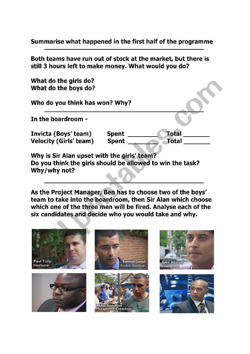 The Apprentice UK worksheets (Season 2 Episode 1) 2 of 2