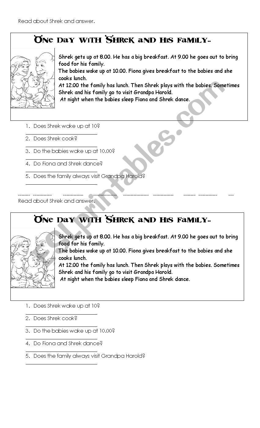 ShrekÂ´s routine worksheet