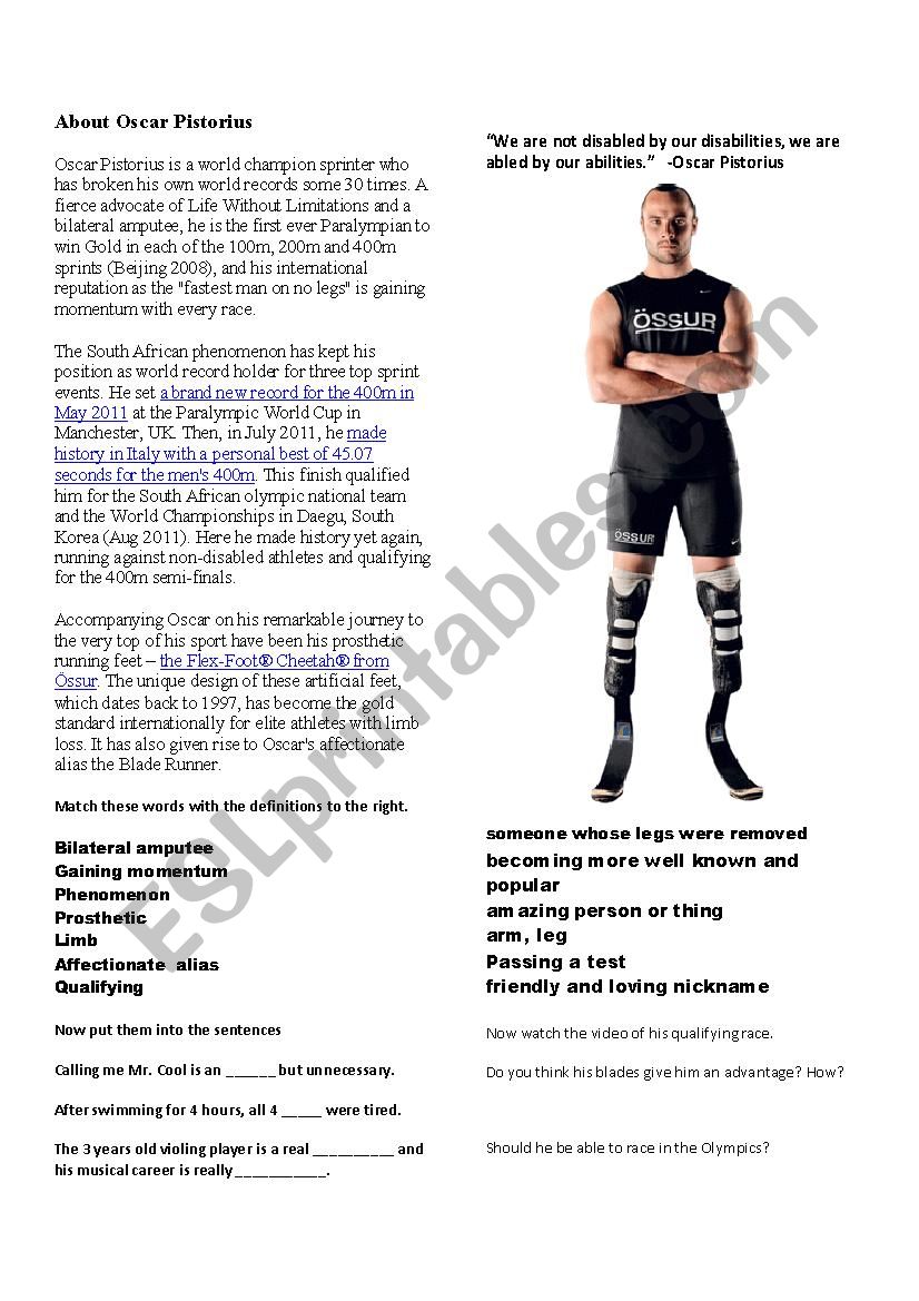 Olympian Oscar Pistorius worksheet