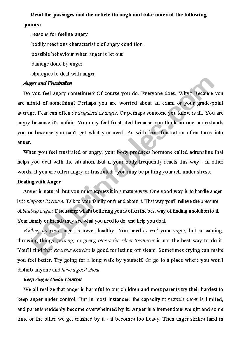 Anger and frustration worksheet