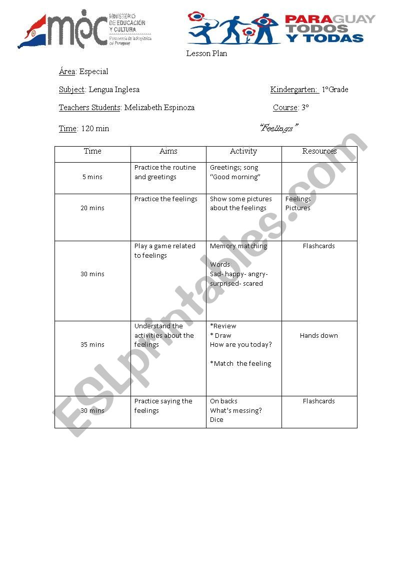 Lesson plan - Feeling worksheet