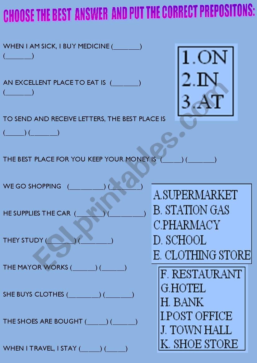 Prepositions of Place worksheet