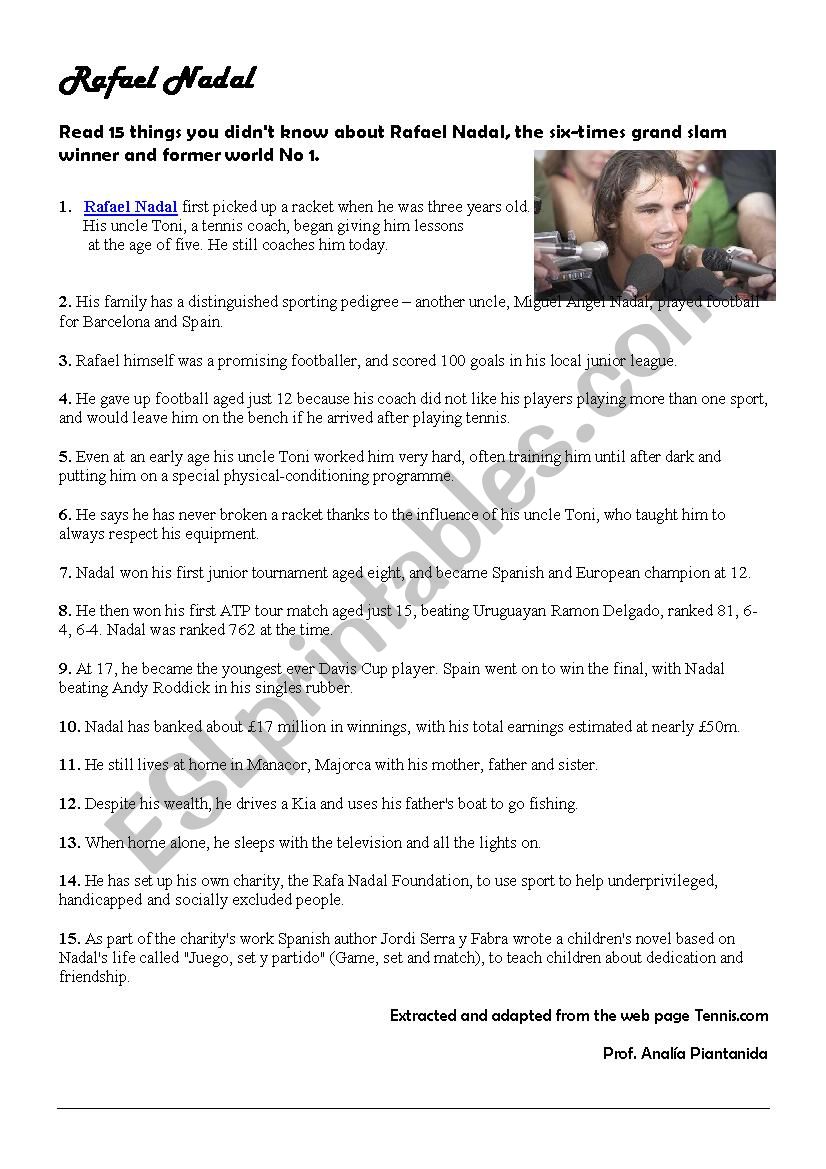 Rafael Nadals Handout worksheet