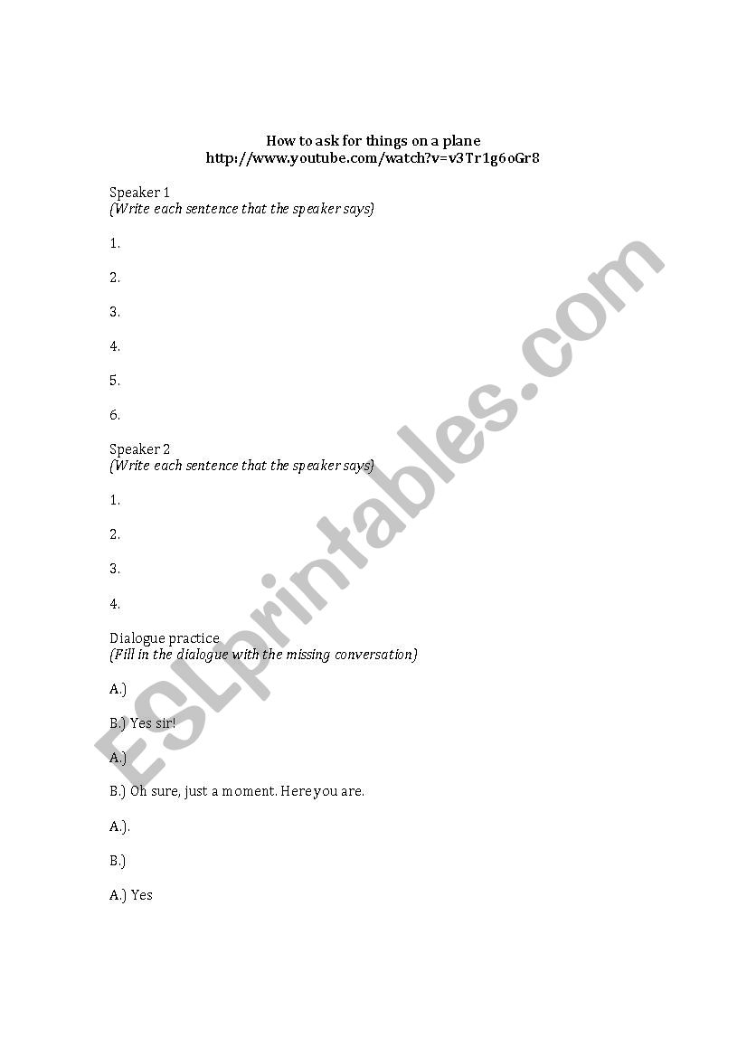 Asking for things on a plane worksheet