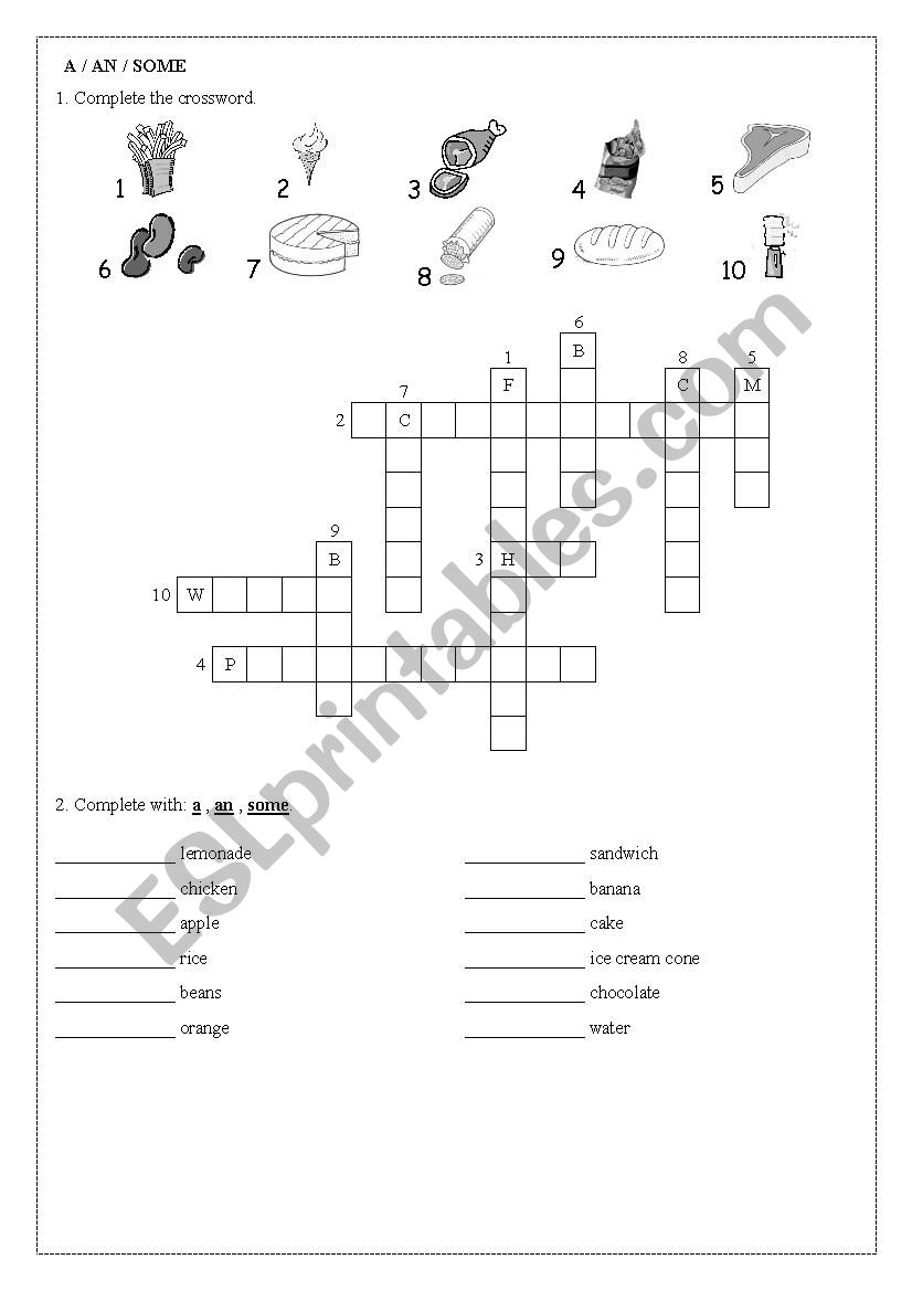 Food and articles worksheet