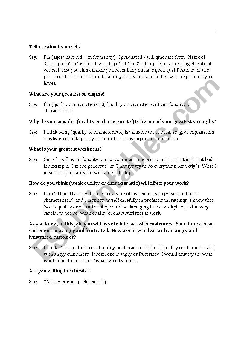 Job Interview Questions worksheet