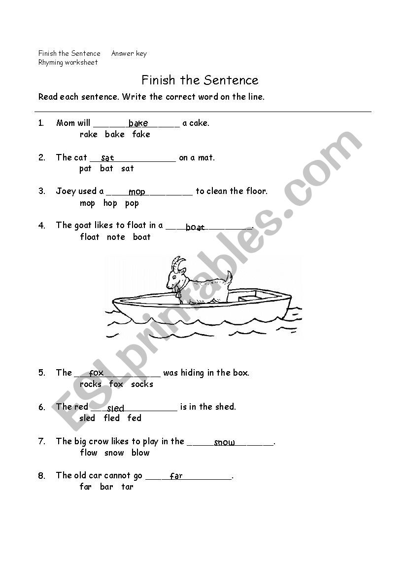 Rhyming Words Finish The Sentence Esl Worksheet By Farrahzulfiqar