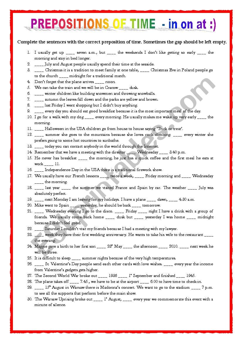 Prepositions of time  worksheet