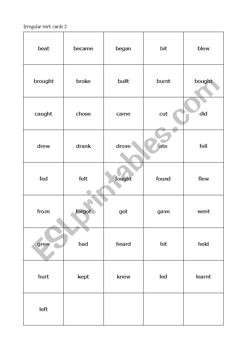 Irregular verb cards 2 worksheet