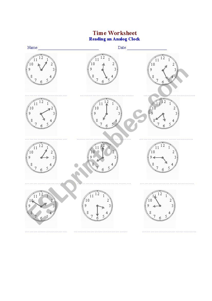 Reading an Analog clock worksheet