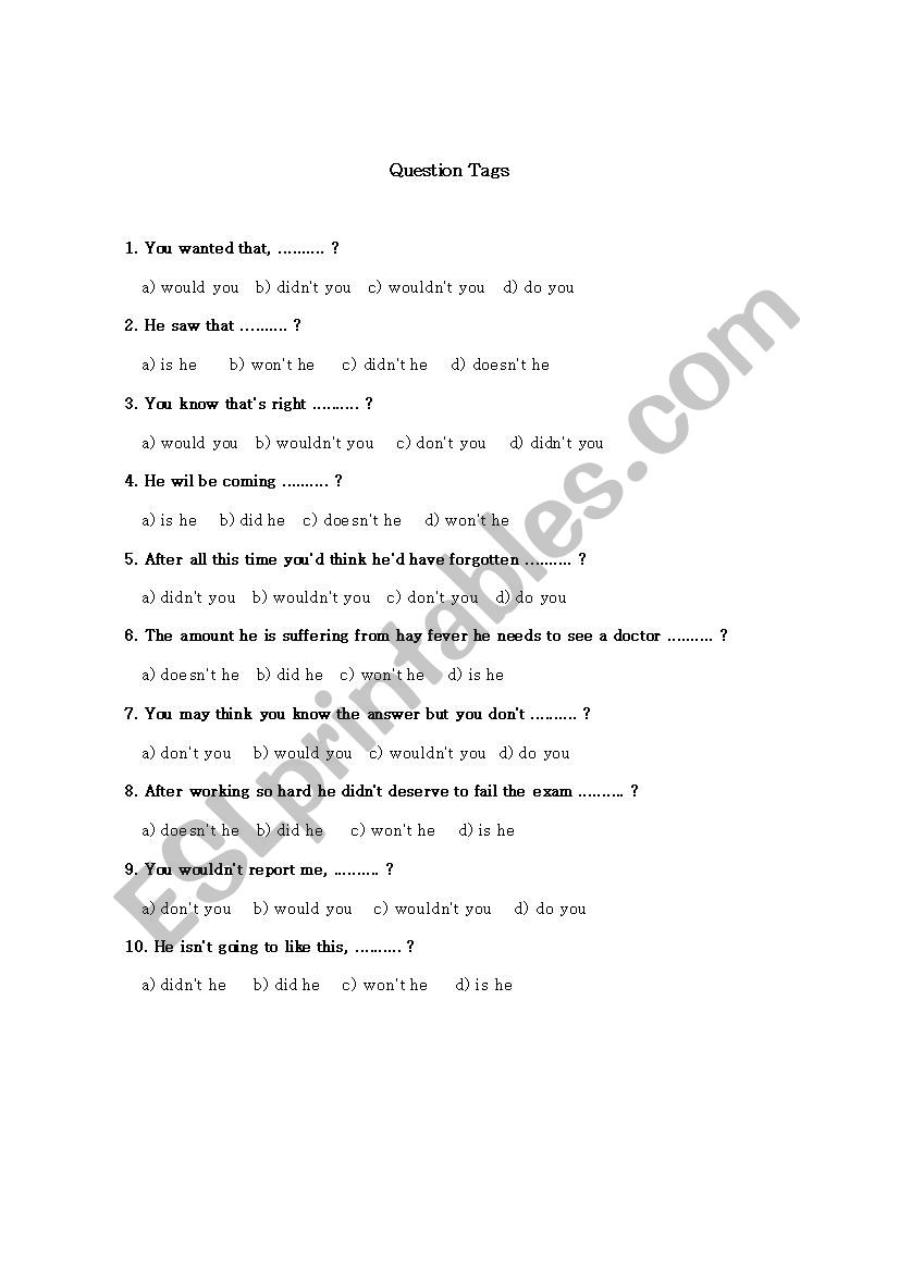 Question Tags worksheet