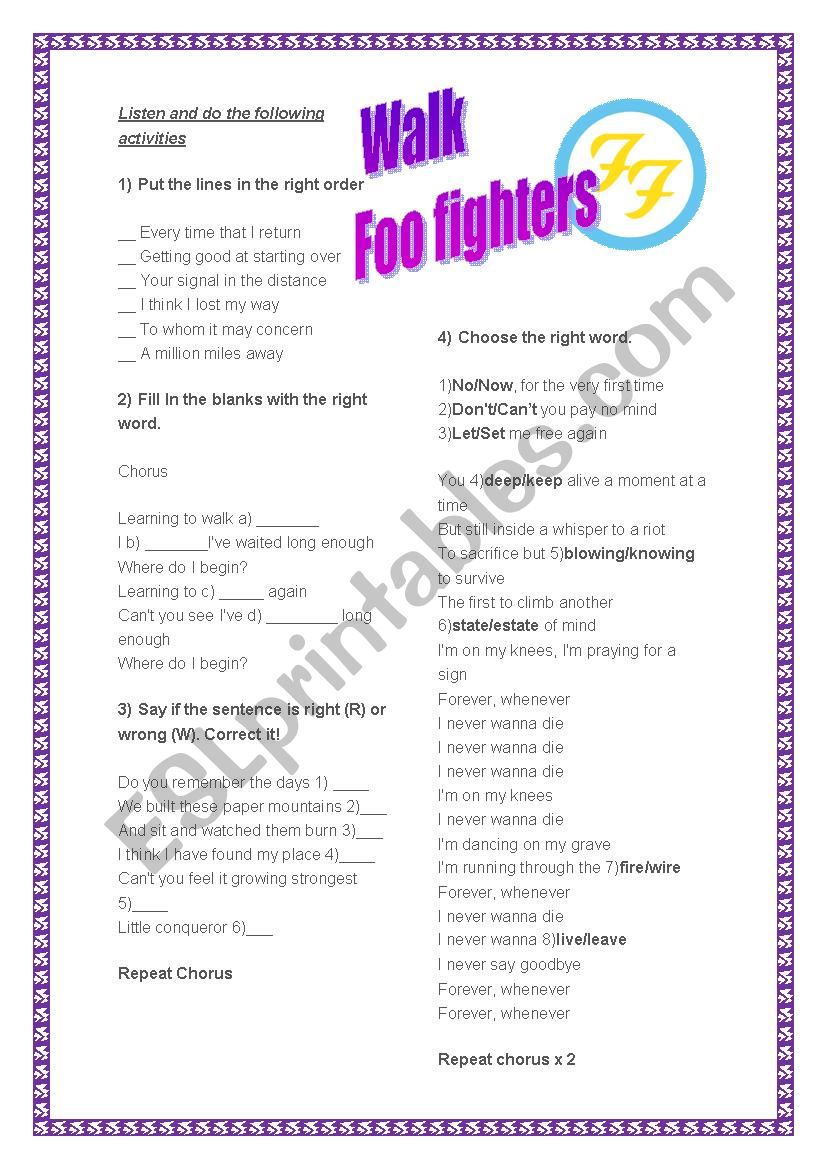 Walk Foo Fighters worksheet