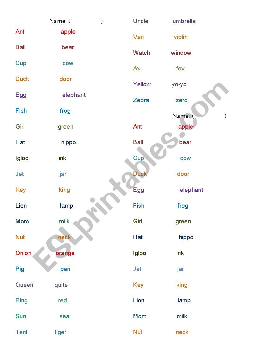 A to Z words reading practice worksheet