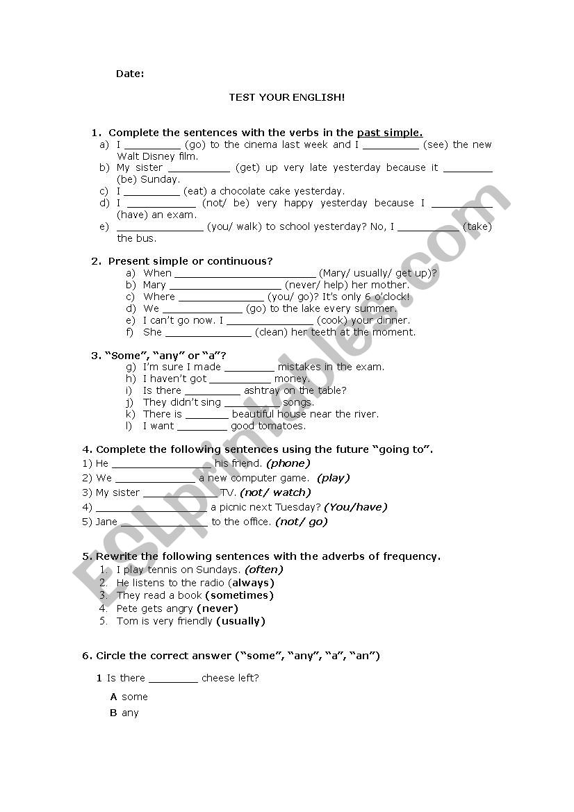 English exam worksheet