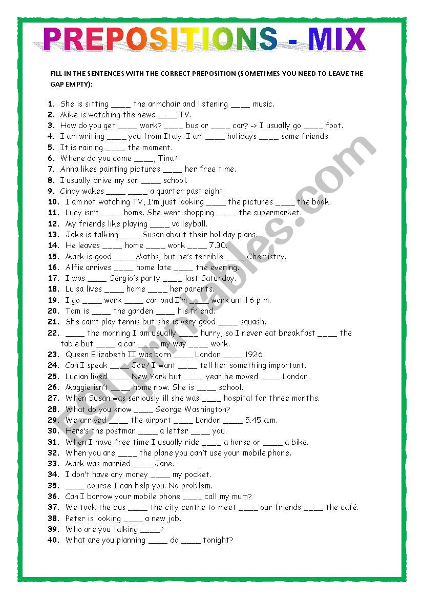 PREPOSITIONS (+key) worksheet