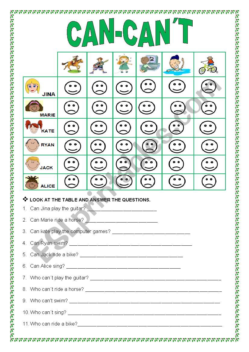 CAN OR CANÂ´T worksheet