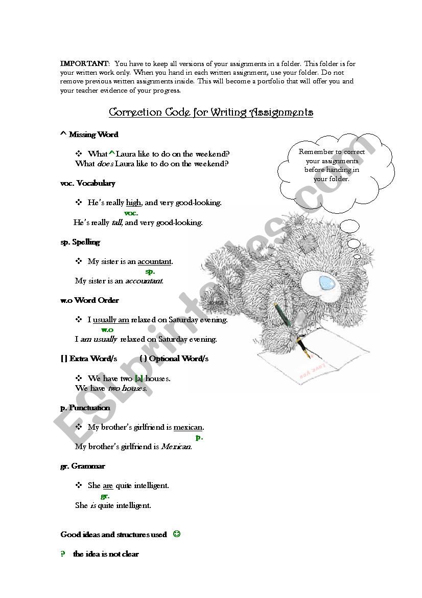 Correction code for written assignments