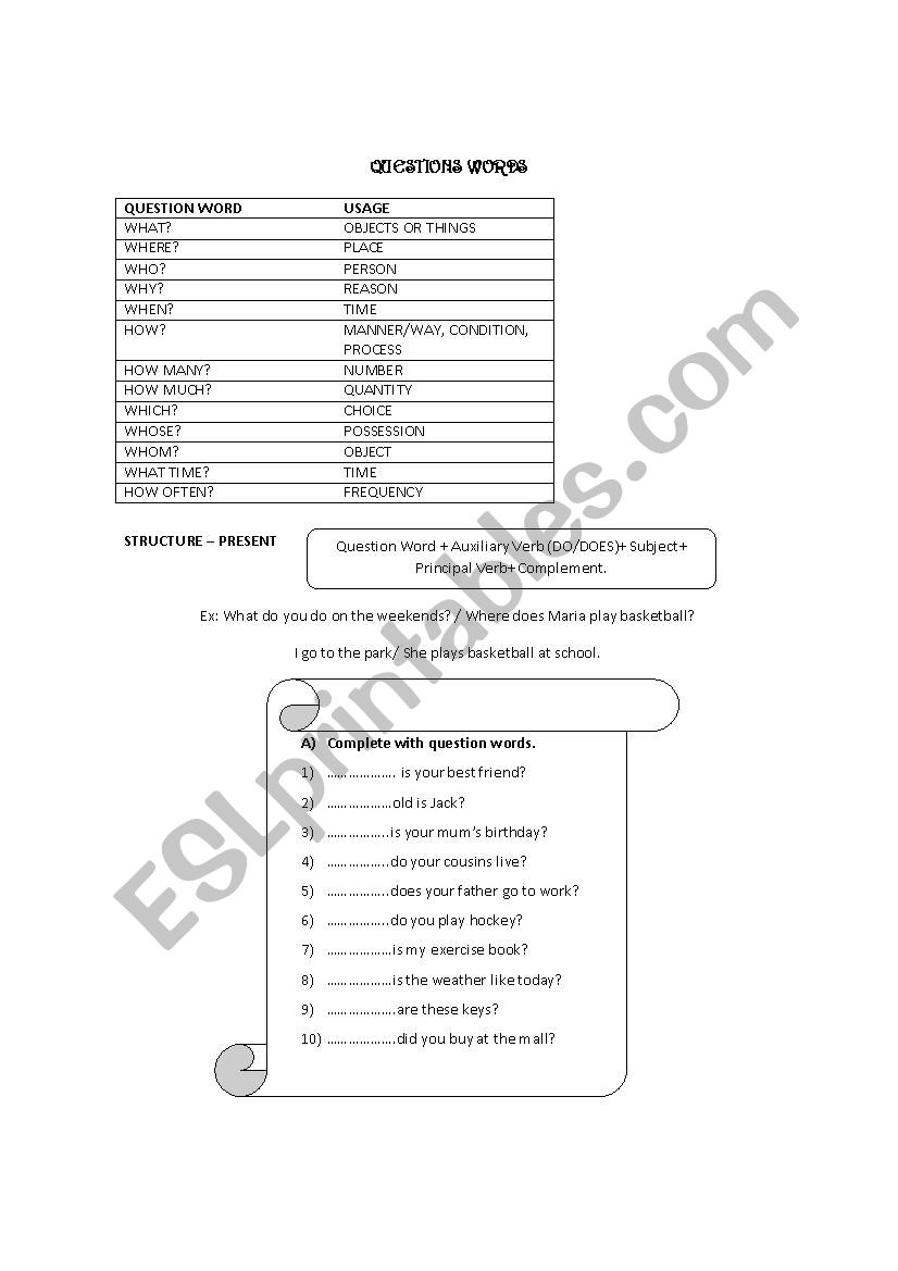 Question words! Chart + usage + activities