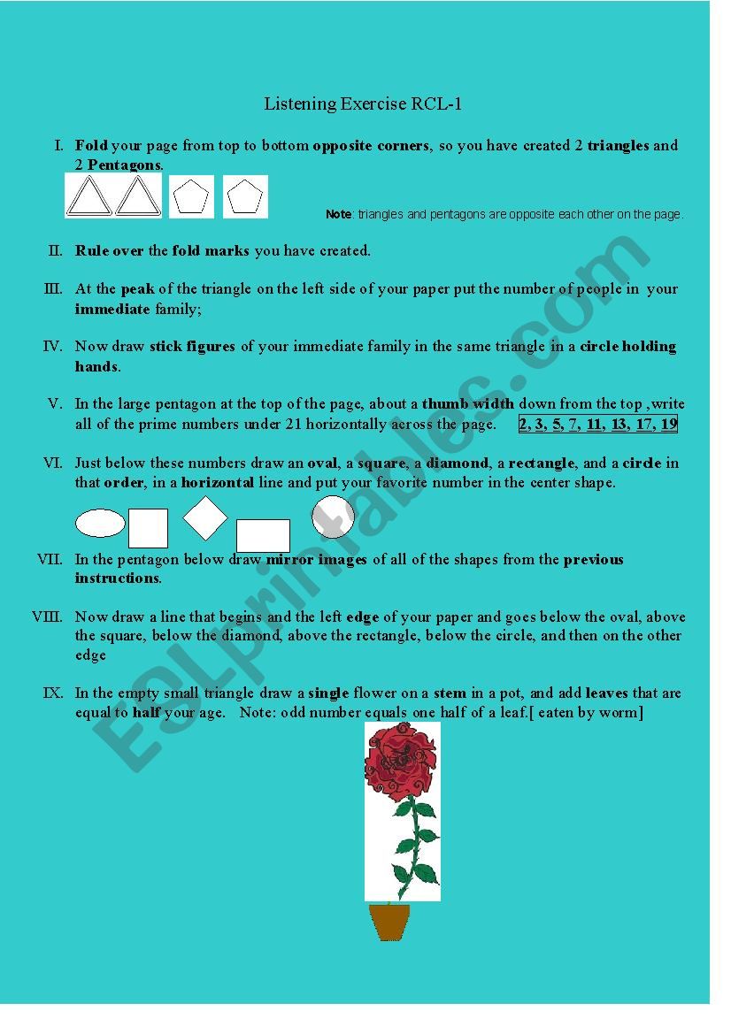 Listen & Do Exercise RCL-1 worksheet