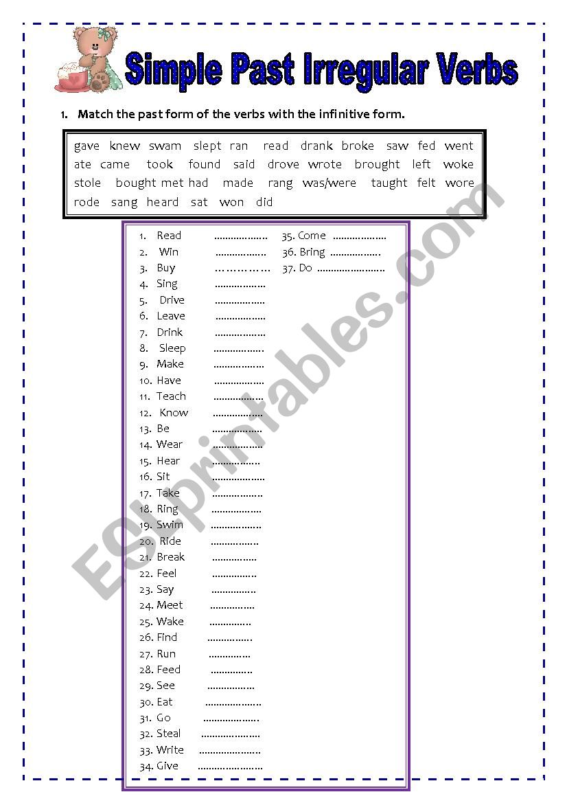 Simple  Past Irregular Verbs  worksheet