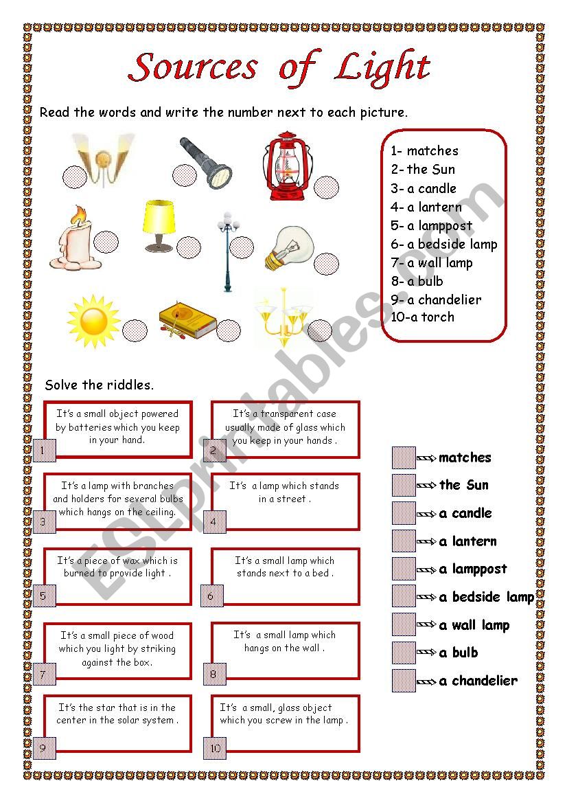 Sources of Light worksheet