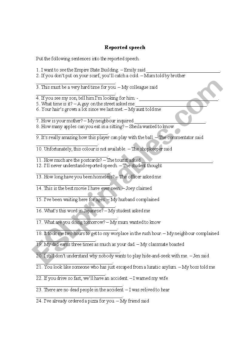 Reported speech worksheet