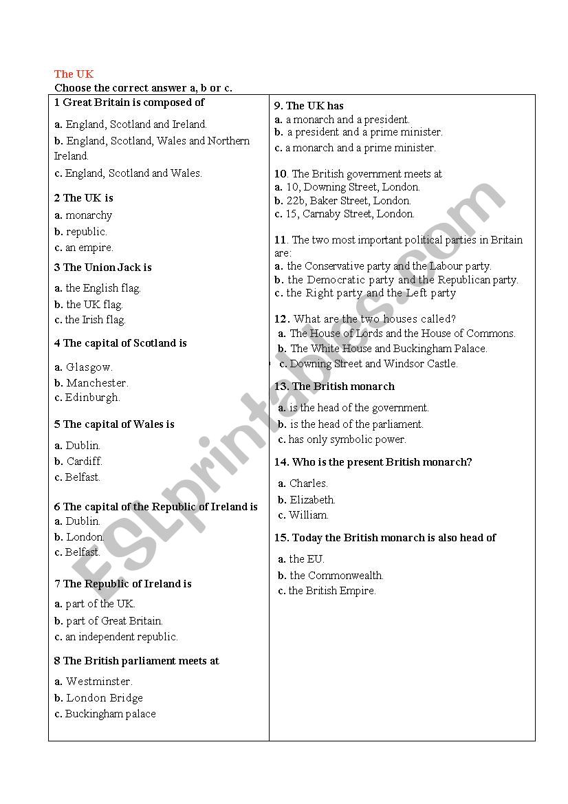 The United Kingdom worksheet