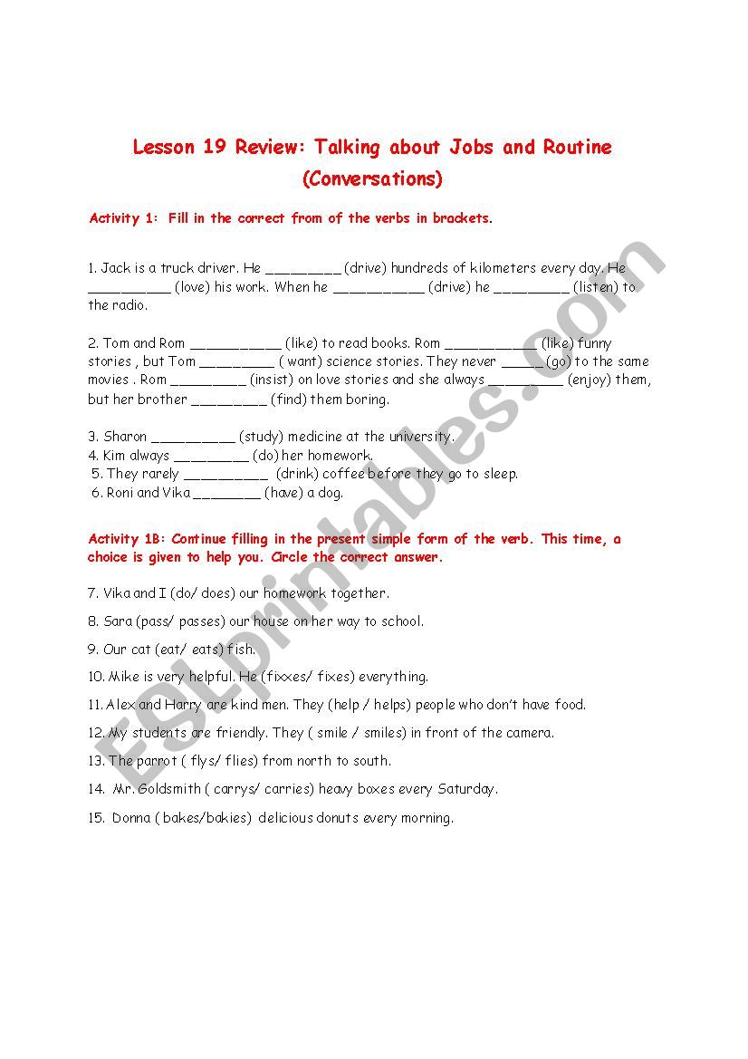Talking about Jobs and Routine ( Present Simple Tense)