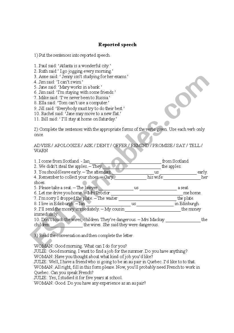 Reported speech worksheet