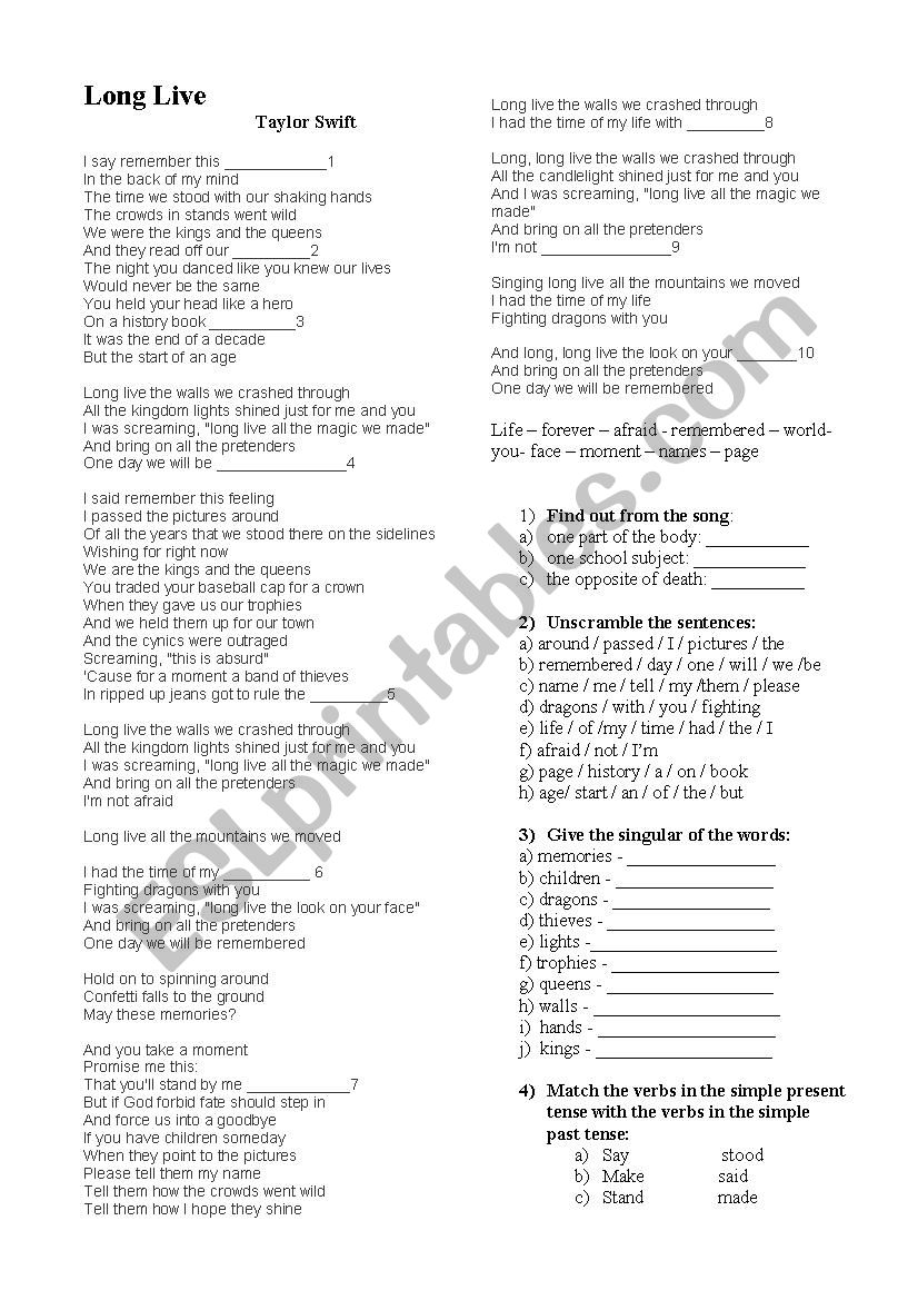 long live - song worksheet