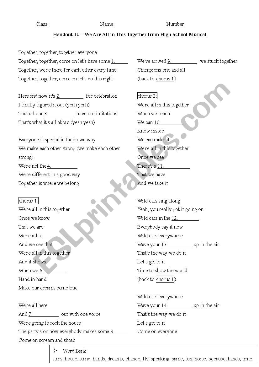 Lyrics We Are All In This Together From High School Musical Esl Worksheet By Orangepiyo