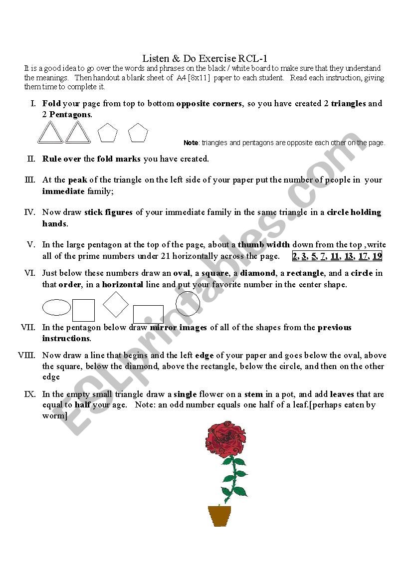 Listen & Do Exercise RCL-1 worksheet