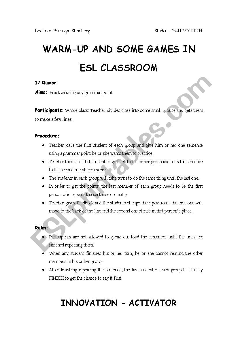 warm up game worksheet