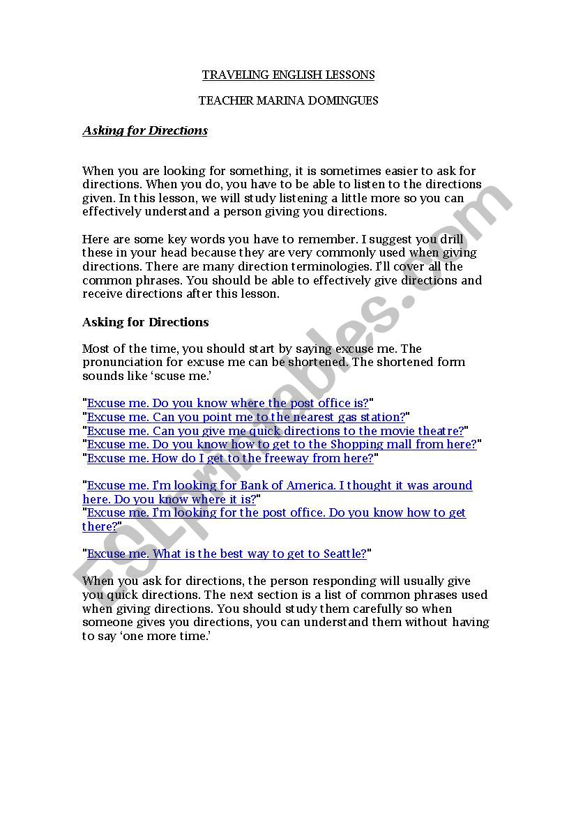 Directions - traveling tips worksheet