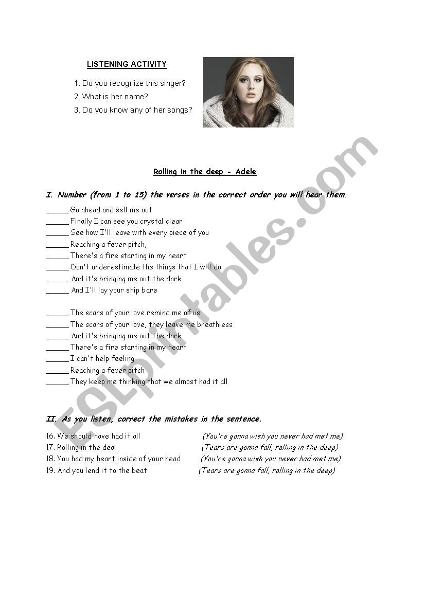 Rolling in the deep - Adele worksheet